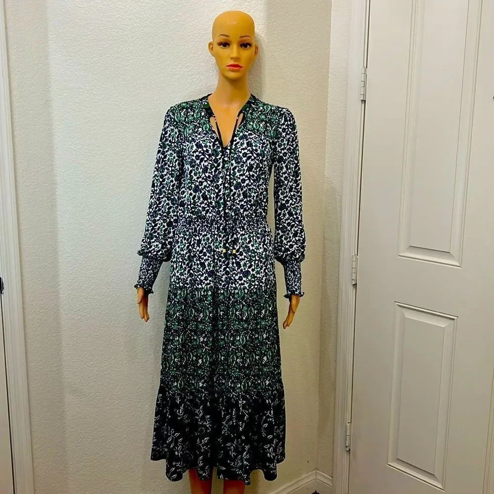 MICHAEL Michael Kors Green Black Maxi Dress Size Small VNeck Elastic Long Sleeve